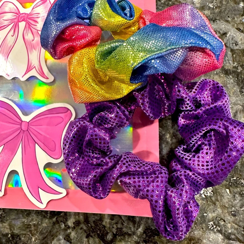 NWOT Metallic scrunchies bundle rainbow and purple